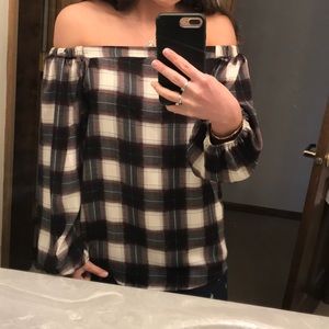 Off The Shoulder Purple Plaid Blouse